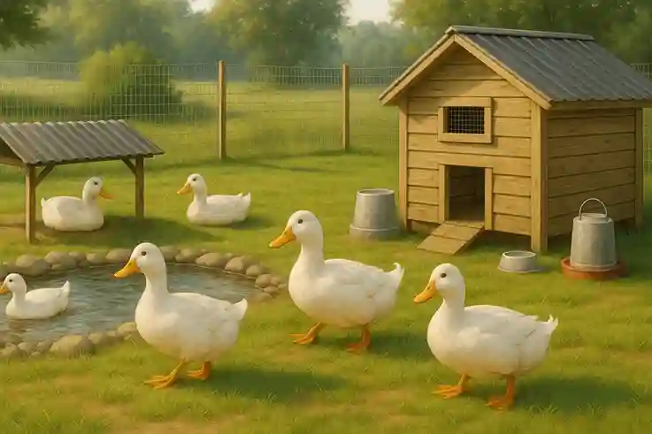 Ideal setup for Pekin ducks with grass, a shallow pond, shade, and a safe, clean outdoor environment.
