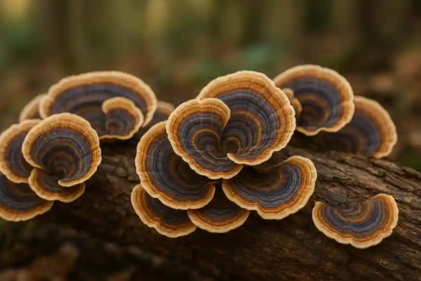 Close-up of colorful Turkey Tail mushrooms growing on a forest log, showing layered rings and natural texture.