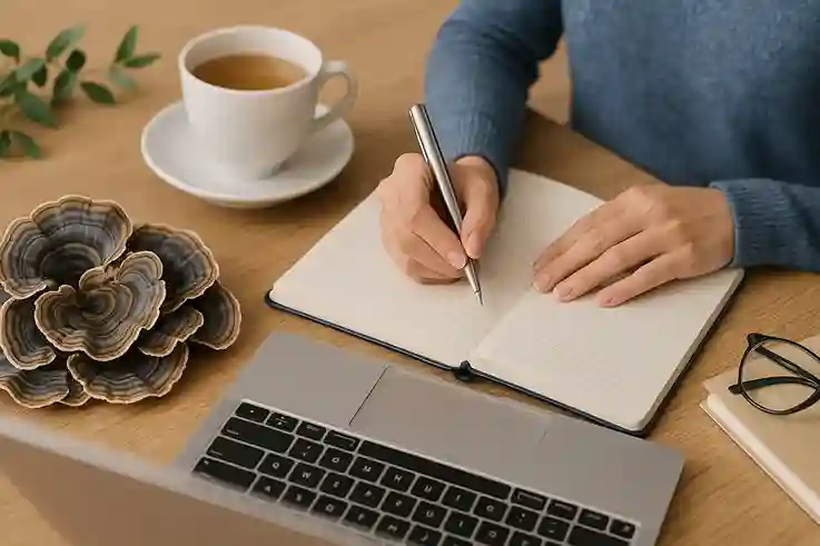 Person preparing Turkey Tail tea on a clean desk, symbolizing mental clarity, focus, and natural cognitive wellness support.