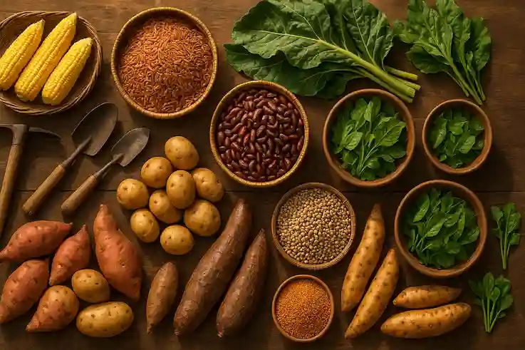 displaying common subsistence crops like corn, rice, beans, potatoes, cassava, yams, and vegetables arranged on a rustic surface.