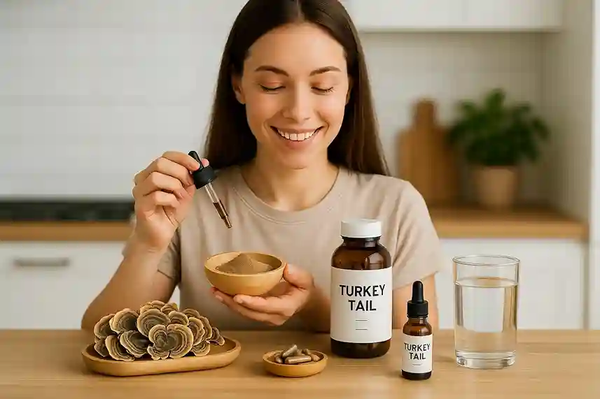 Person in a bright kitchen using Turkey Tail mushroom products such as powder, capsules, dried pieces, and tincture.