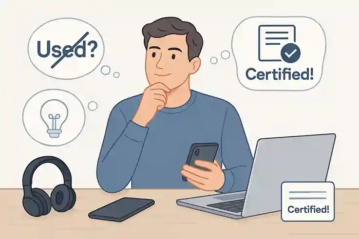 Person learning the truth about recertified tech, surrounded by myth and fact symbols.