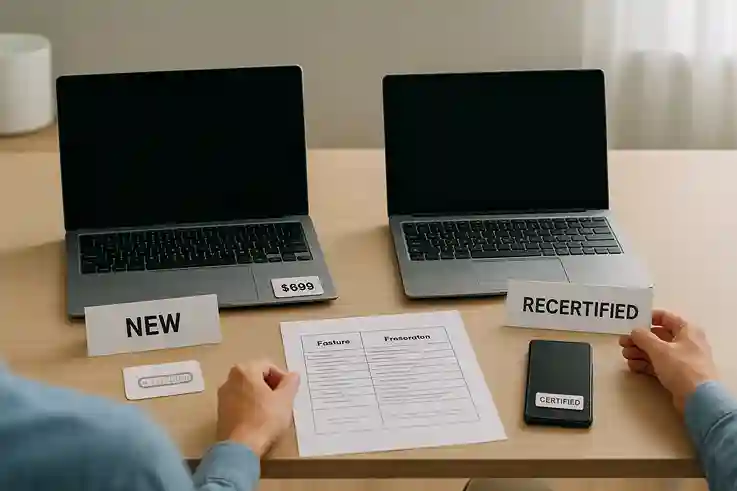 Person comparing new and recertified devices side by side to make an informed buying decision.