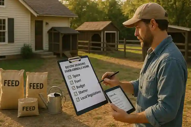 Homesteader reviewing space, shelter, budget, feed, and local rules before bringing farm animals home on a small farm.