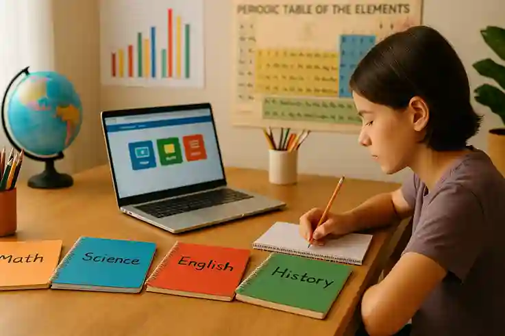 Desk with books, laptop, and subject-specific Homeschooling Resources for math, science, and language.