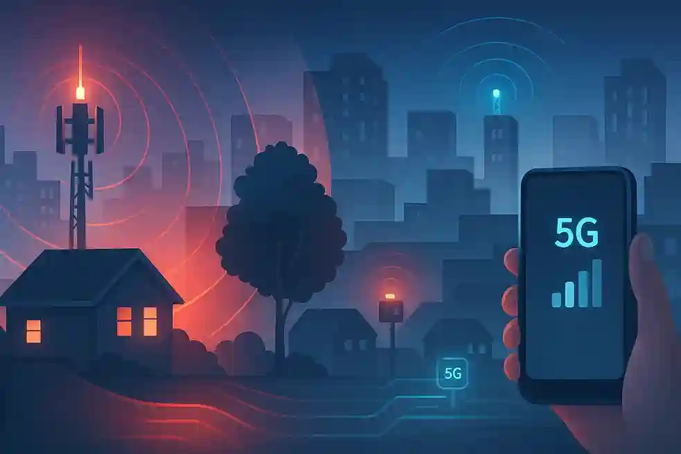 Illustration showing 5G coverage challenges with signal blocked by buildings, trees, and distance limits.
