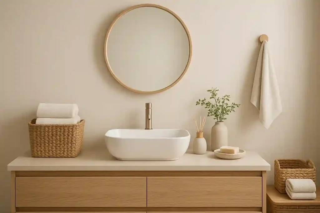 Bathroom with balanced textures, cohesive colors, open surfaces, and small personalized accents like baskets, soap dishes, and diffusers.