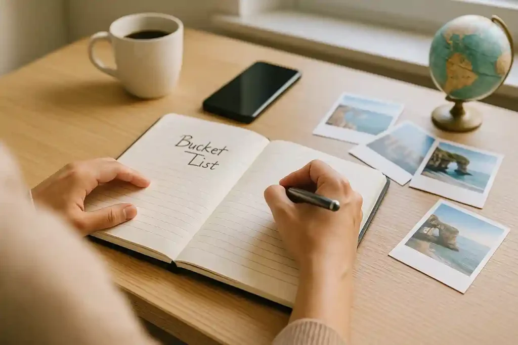 photo of a person writing a bucket list at a wooden desk with travel photos, a globe, and natural daylight symbolizing life inspiration.