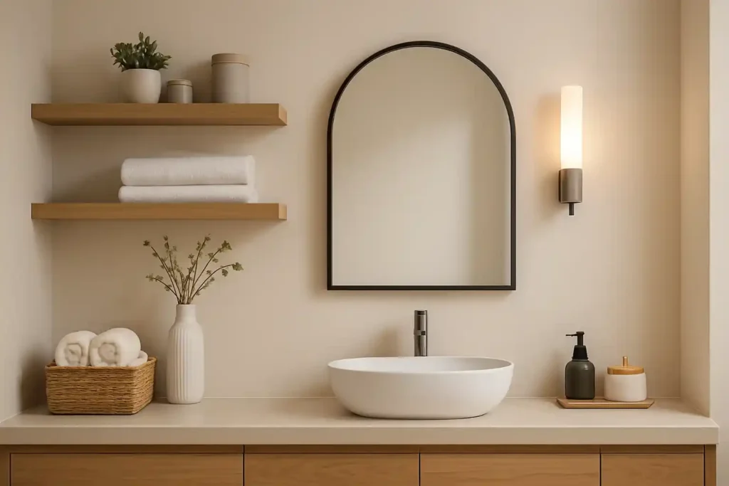 Bathroom with floating shelves, a statement mirror, vertical storage, and neatly arranged décor for stylish, space-saving design.