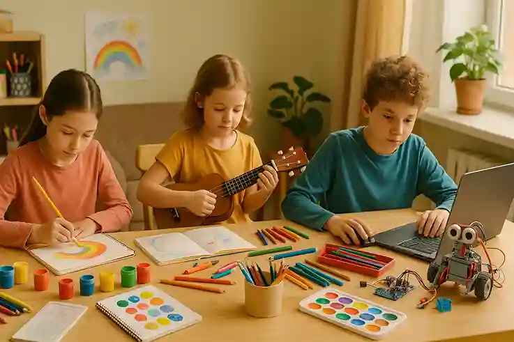 Children use creative Homeschooling Resources for art, music, and STEM skill-building at home.