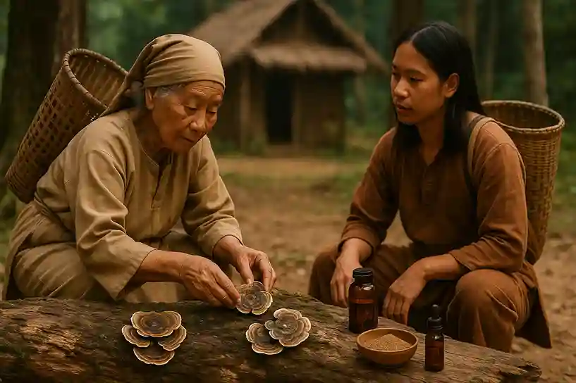 People gathering Turkey Tail mushrooms in a traditional setting, highlighting their cultural and historical significance.
