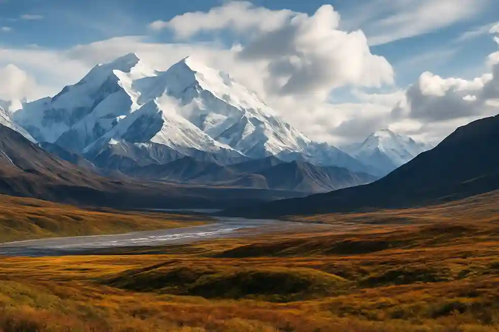 Denali National Park’s vast wilderness with towering mountains, icy peaks, and untouched Alaskan landscapes showcasing pure, wild nature.