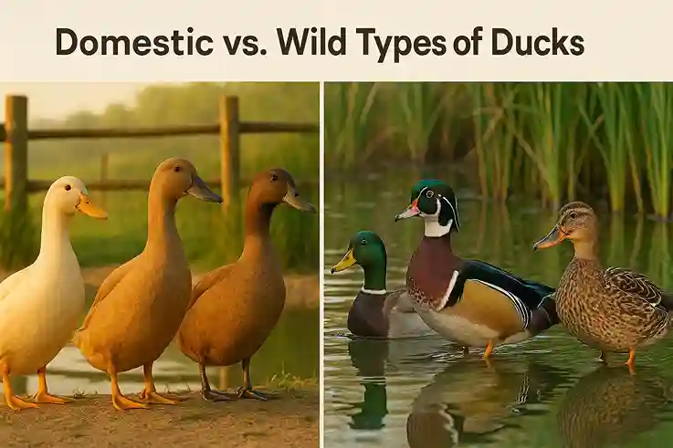 Domestic and wild types of ducks shown side by side near a pond, highlighting size, color, and behavior differences.