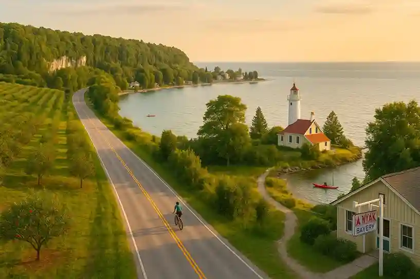 A serene Door County summer scene with cherry orchards, Lake Michigan, limestone cliffs, and quiet fishing towns creating a peaceful Midwestern escape.