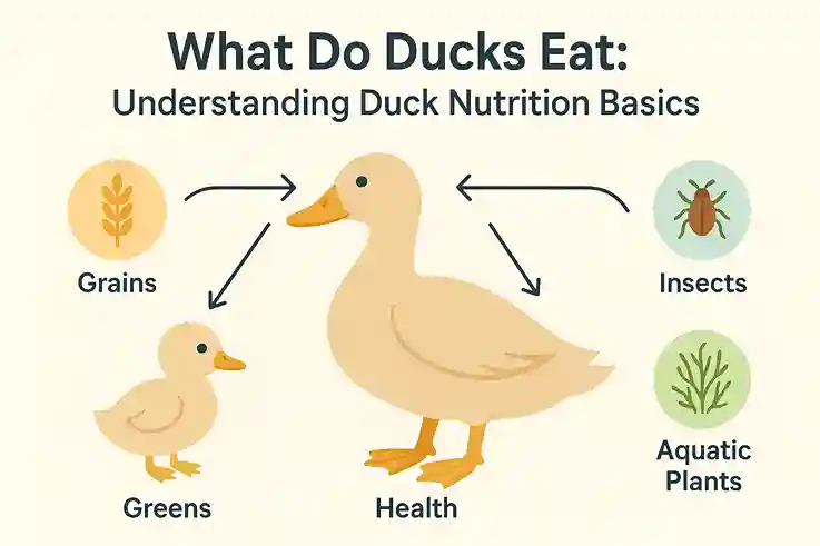 Modern infographic showing ducks with icons of grains, greens, insects, and aquatic plants explaining basic duck nutrition.