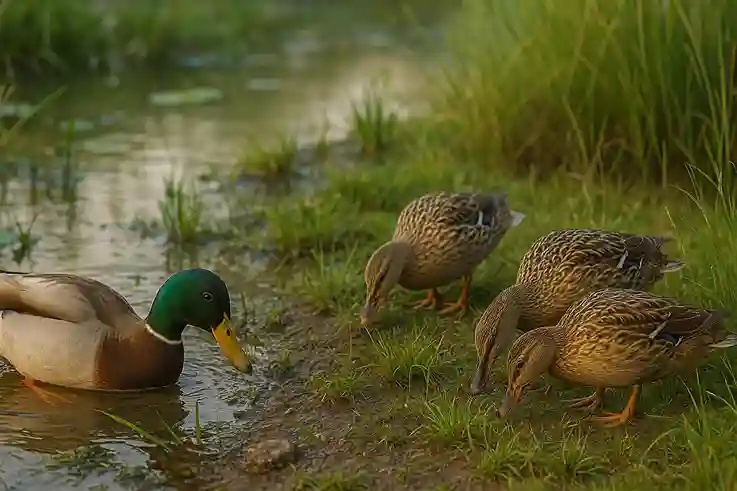 Ducks foraging naturally in a wetland, searching for insects, plants, and seeds along the water’s edge.