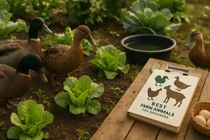 Khaki Campbell and Swedish Blue ducks foraging in a garden while providing nutrient-rich eggs and natural pest control.