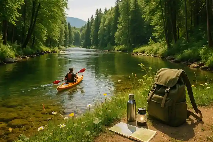 A peaceful eco-travel scene with hikers and kayakers exploring forests, rivers, and sustainable trails in a nature-friendly summer setting.