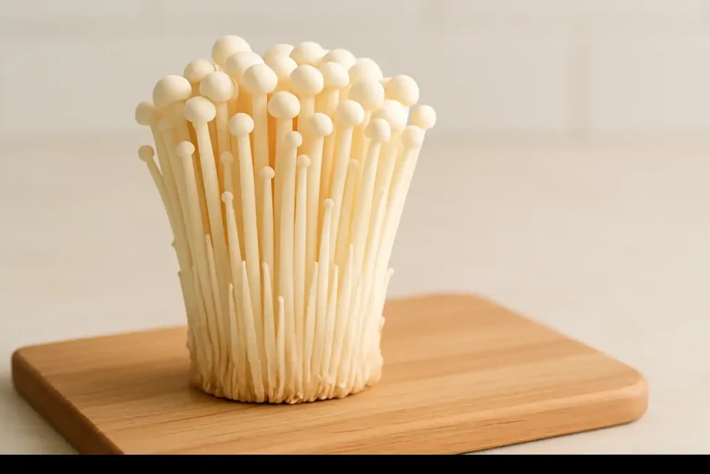 Close-up of fresh enoki mushrooms with long white stems and tiny caps arranged neatly on a wooden board in soft natural lighting.