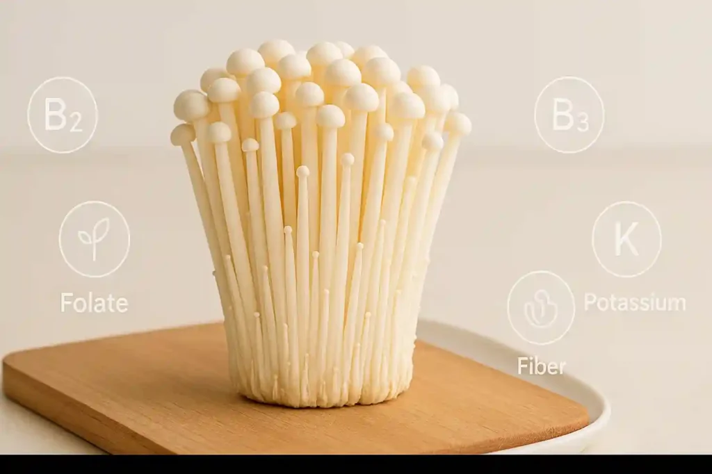 Fresh enoki mushrooms arranged on a board with subtle nutrition icons highlighting vitamins, minerals, and fiber in soft natural lighting.