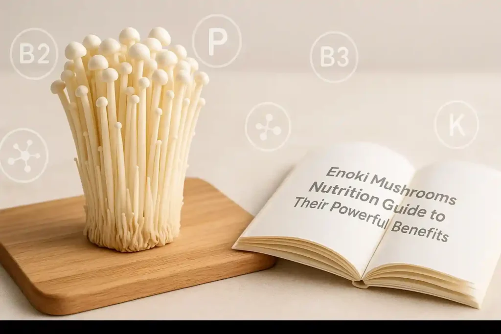 Fresh enoki mushrooms on a wooden board with subtle nutrition icons and a book titled Enoki Mushrooms Nutrition Guide.
