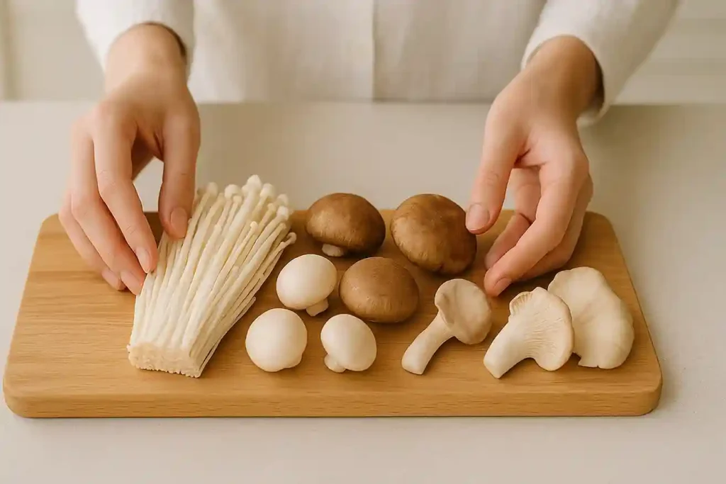 Hands arranging enoki mushrooms beside shiitake, button, and oyster mushrooms on a wooden board for a clear visual comparison.