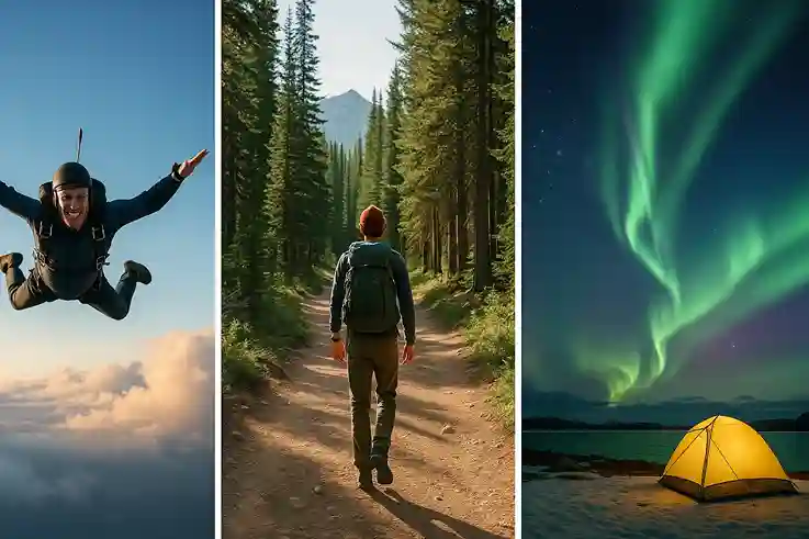 collage of skydiving or scuba diving, hiking a national park trail, and camping under the Northern Lights.