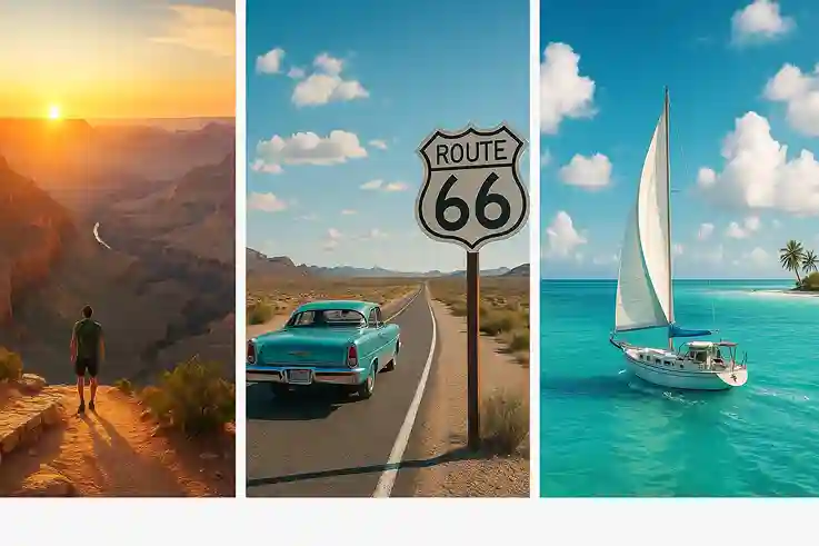 collage of the Grand Canyon at sunrise, a Route 66 road trip scene, and a sailboat in the Florida Keys showcasing iconic bucket list adventures.