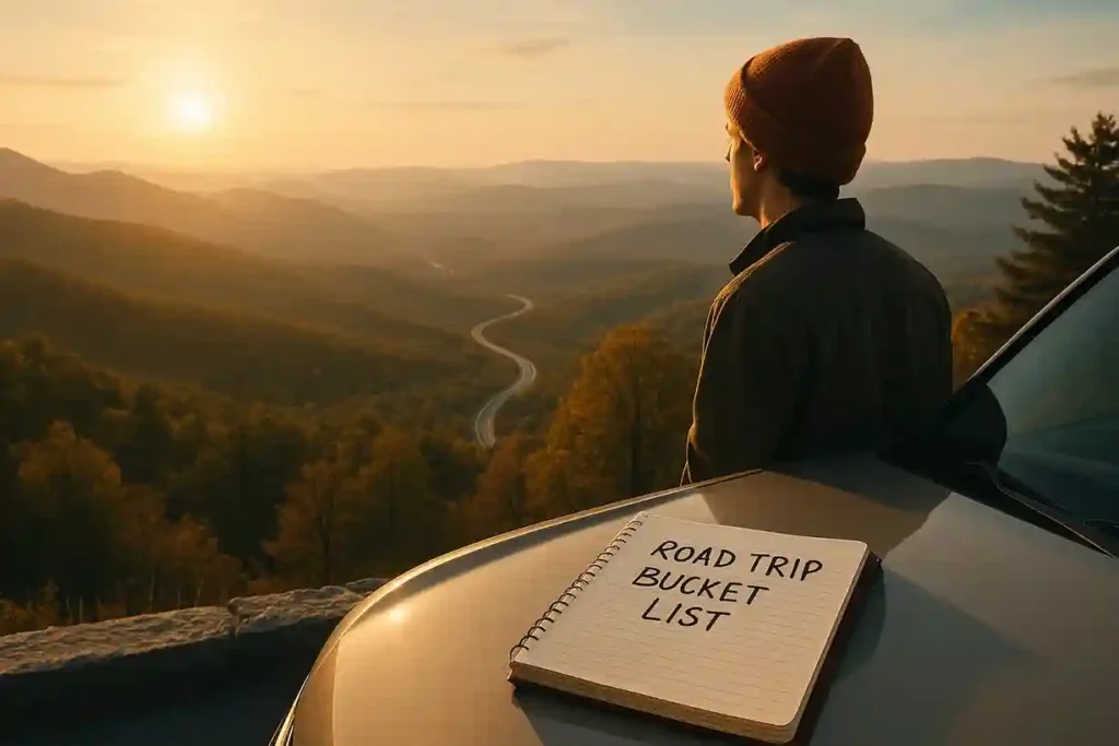 Traveler standing beside a car overlooking mountains and winding roads with a road trip bucket list journal on the hood.
