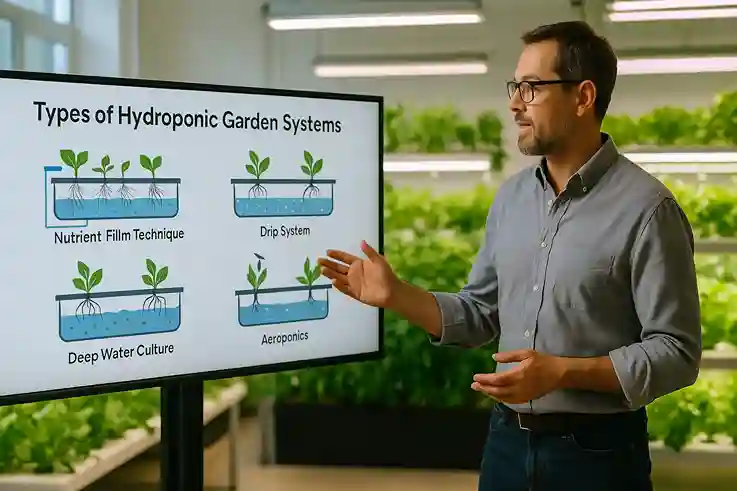 Person explaining hydroponic garden systems on a digital screen in a bright indoor setup with plants.