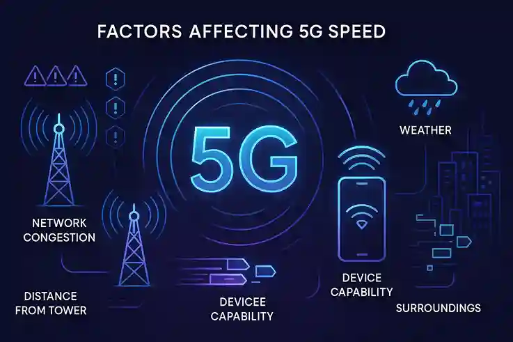 Infographic showing factors that influence 5G speed, including towers, congestion, device capability, and signal interference.