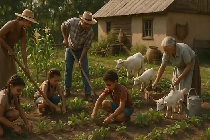 Family members of all ages working together on a small subsistence farm, planting, weeding, harvesting, and caring for livestock.