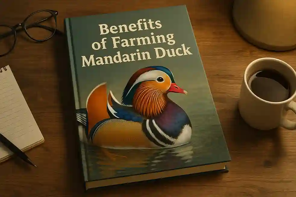 A book titled “Benefits of Farming Mandarin Duck” on a wooden table with farm-themed items in warm natural lighting.