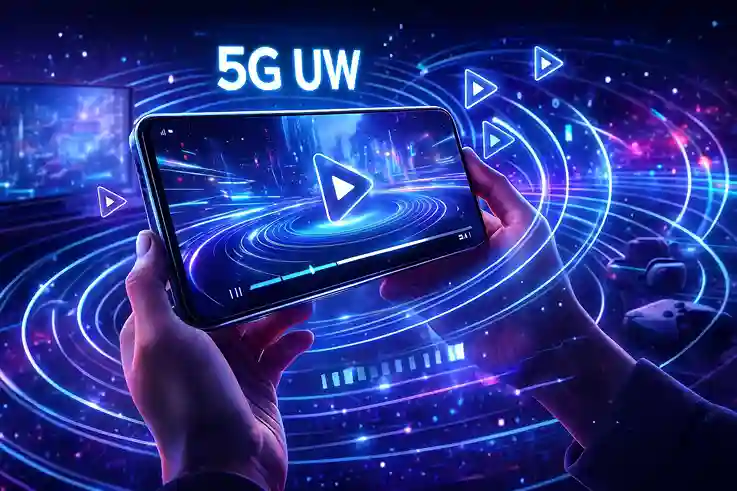 Futuristic illustration showing smooth video streaming and entertainment powered by fast 5G UW speeds.