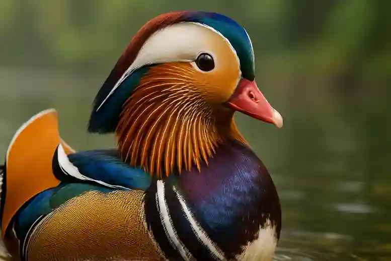 Close-up of a Mandarin Duck showing its vivid orange sails, blue-green wings, white facial stripes, and detailed feather patterns.