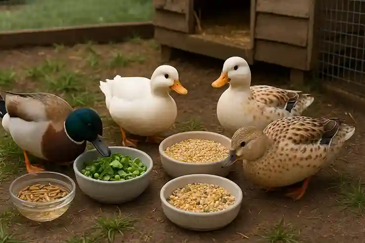 Call Ducks eating a balanced diet of grains, greens, protein, and clean water in a well-organized farm feeding setup.