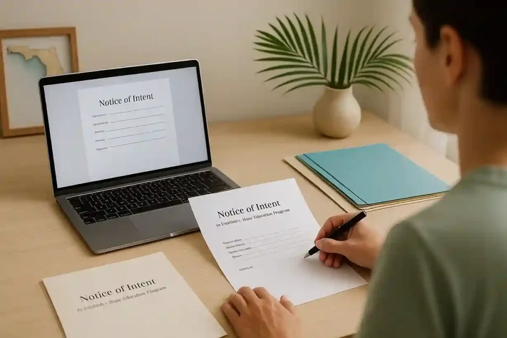 A parent filling out a Florida homeschool Notice of Intent form at a bright home desk with a laptop, pen, and organized documents.