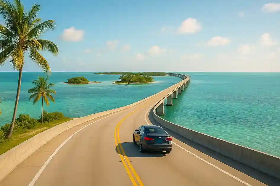 Car driving on the Florida Keys Scenic Highway over turquoise ocean waters with palm trees and bright tropical sunshine.