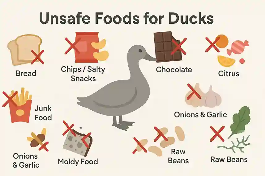 Infographic showing harmful foods for ducks, including bread, chocolate, salty snacks, onions, and moldy items.