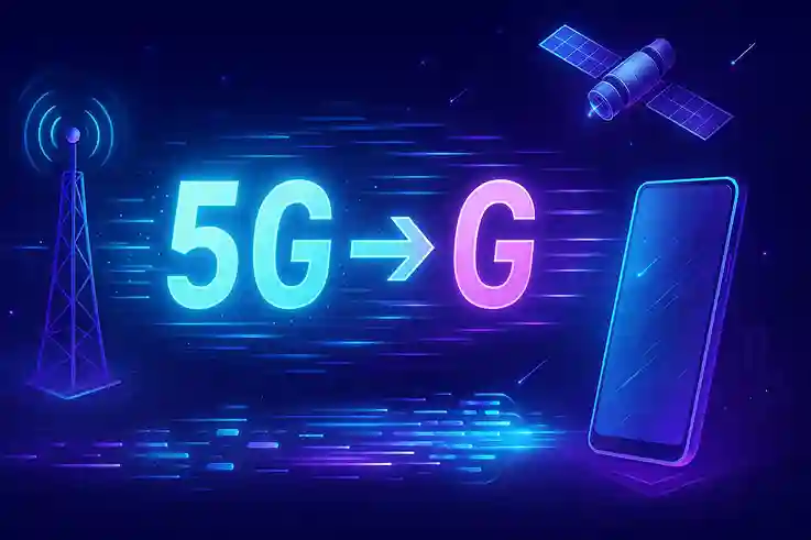 Futuristic illustration showing the evolution of 5G speed with satellites, small-cell towers, and next-gen devices.