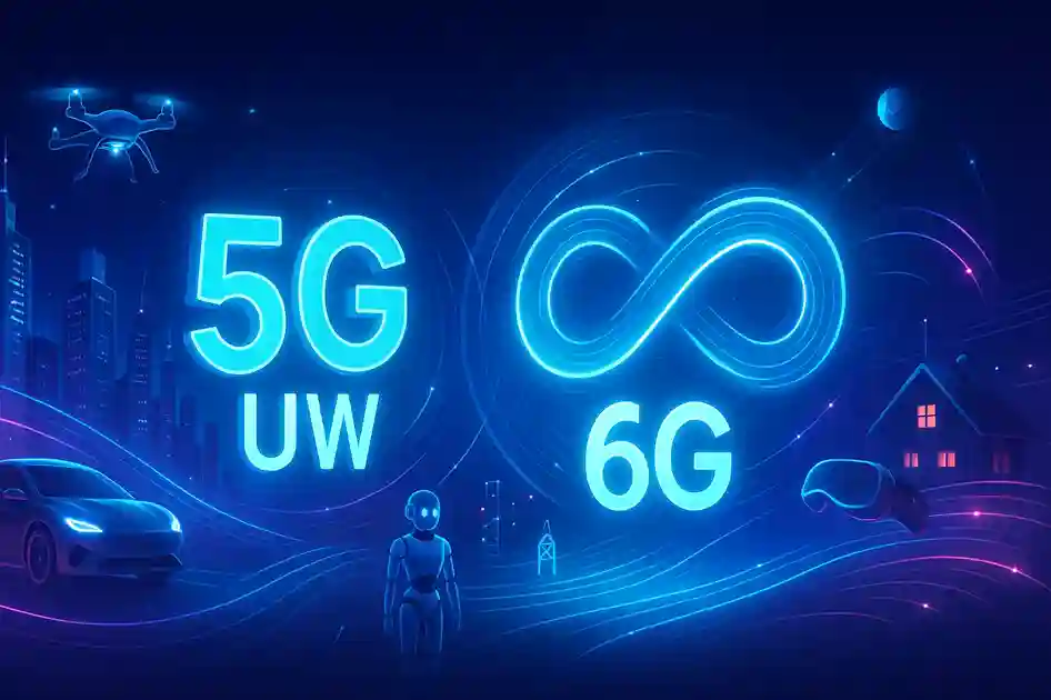 Futuristic illustration showing the evolution of 5G UW toward next-generation wireless technology and connected smart systems.