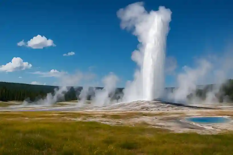 Steaming geysers erupt into the sky above wide open meadows, creating a dramatic and geothermal wilderness scene.