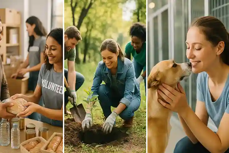 collage of local volunteers, people planting trees, and volunteers caring for animals in a shelter.