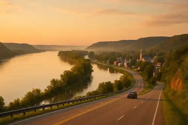 Car driving along the Great River Road beside the winding Mississippi River with lush green banks and golden-hour reflections.