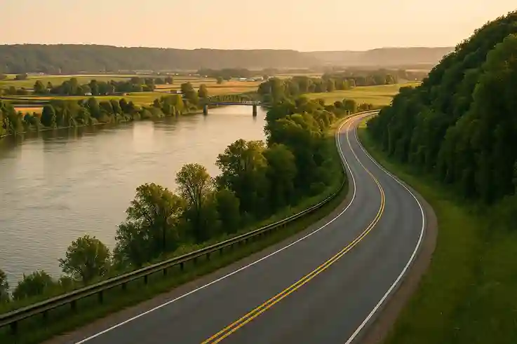 Scenic Great River Road view beside the Mississippi River with farmlands and historic bridges road trip ideas