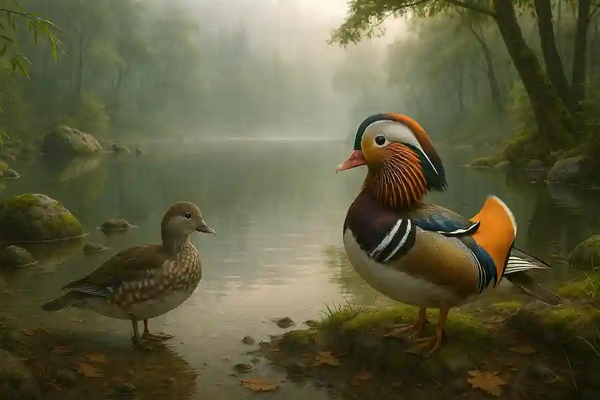 A pair of Mandarin Ducks in their natural East Asian forest habitat near a calm freshwater lake with mist, trees, and soft reflections.