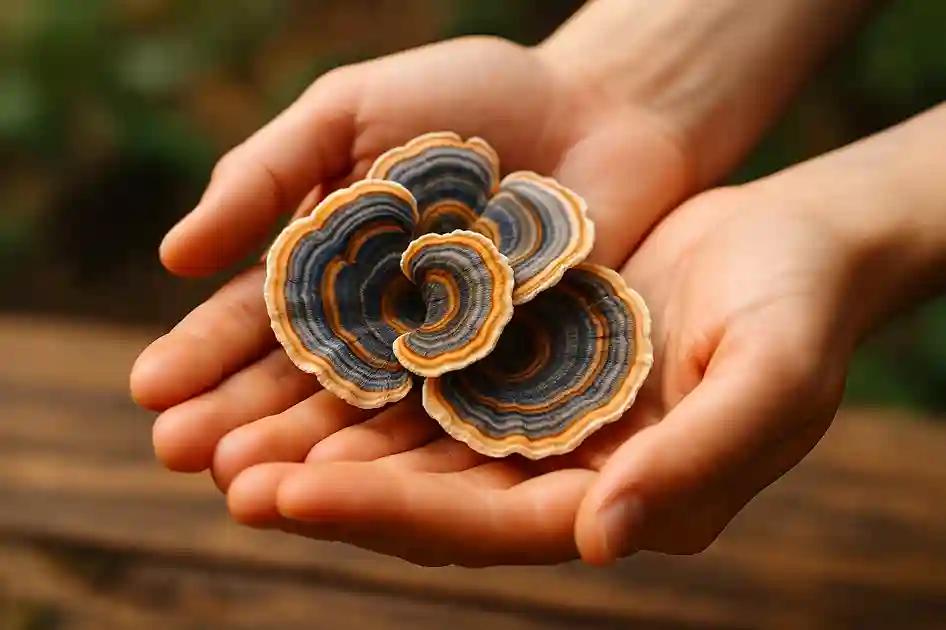 Hands holding colorful Turkey Tail mushrooms outdoors, highlighting their layered rings and natural textures.