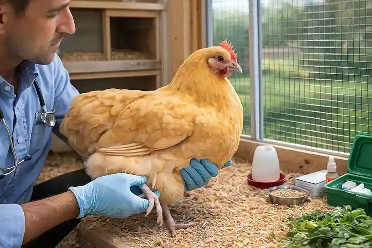 A veterinarian checking a Buff Orpington chicken for common health issues in a clean farm or clinic setting.