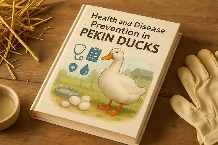 Book titled “Health and Disease Prevention in Pekin Ducks” displayed on a farm table with duck-care items.