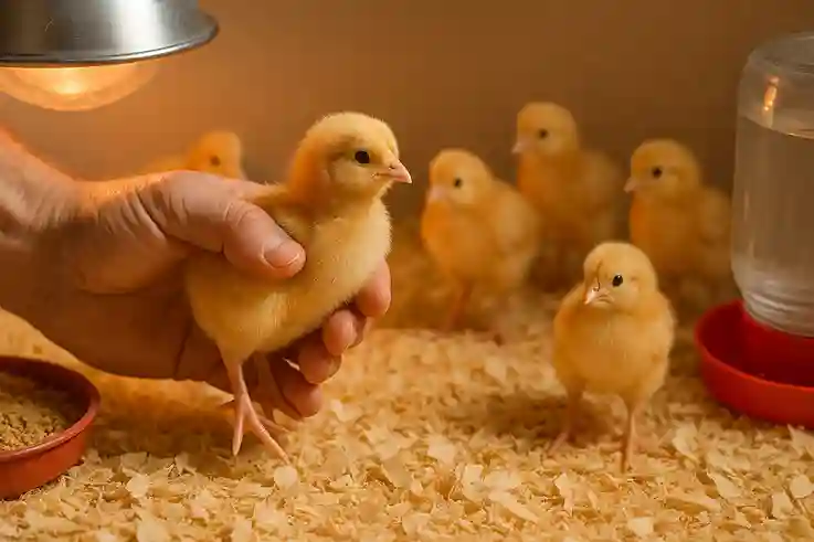 Healthy Buff Orpington chicks in a clean brooder with proper heat, bedding, and a farmer checking for signs of good health.
